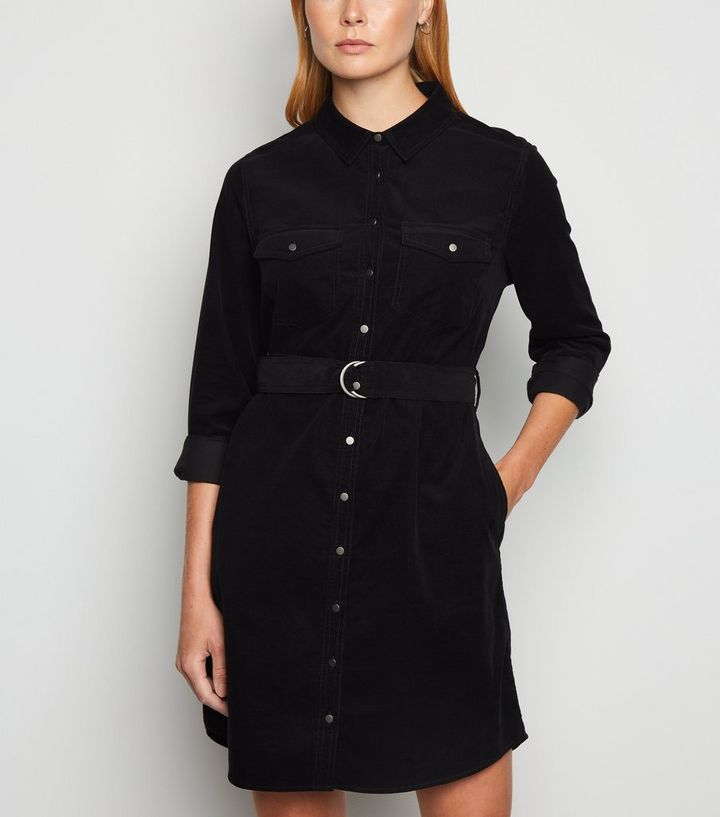 New Look Black Corduroy Belted Shirt Dress - OGalax