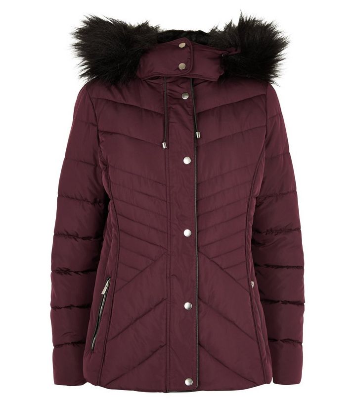 New Look Burgundy Faux Fur Trim Fitted Puffer Jacket - OGalax
