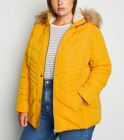 Mustard Faux Fur Hood Gold Detail Puffer Coat - Rylah main image 1